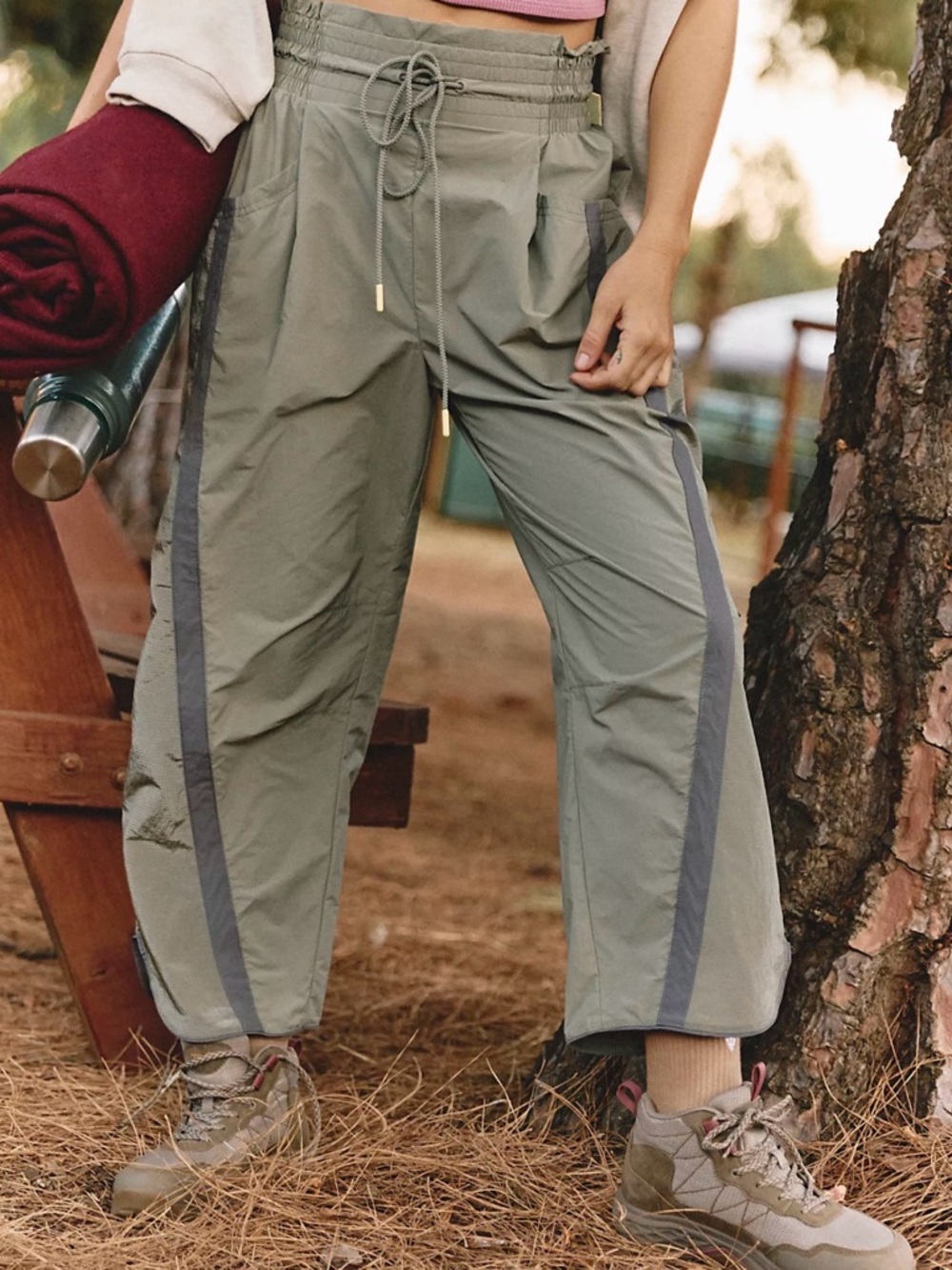 Free People Olive Track Pants with Gray Side Stripes - Picture 3 of 4